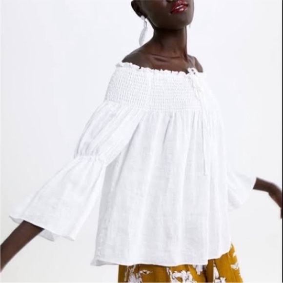 Zara Shirred Linen White Off-Shoulder Blouse with Bell Sleeves - Picture 1 of 12
